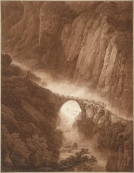 Le Pont du Diable dans les gorges de Schöllenen sur le chemin du col du Saint-Gothard avec un convoi de mulets
