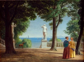 Vue vers Kullen depuis une terrasse de jardin avec statues