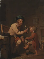 Un paysan donnant à boire à son fils