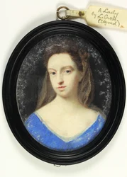 Une dame en corsage bleu avec capuche marron (aquarelle sur vélin)
