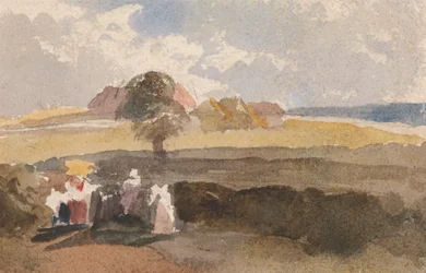 Croquis de paysage avec personnages au premier plan