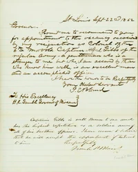 Lettre signée P.E. Bland, St. Louis, à H.R. Gamble, gouverneur du Missouri, 22 septembre 1862
