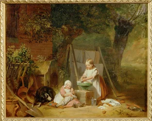 Die Puppenwaesche im Garten - La lessive de poupée dans le jardin ... (huile sur bois)