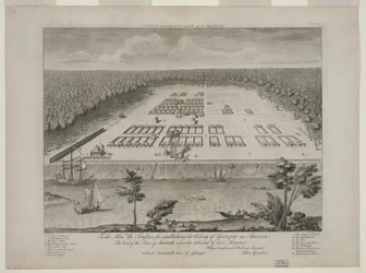 Vue de Savannah au 29 mars 1734, gravée par P. Fourdrinier, Londres, vers 1735 (gravure)
