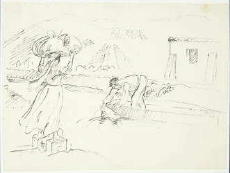 Femme italienne attendant un ferry au bord de la rivière