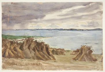 Cheval au trot. Katterød rev. En arrière-plan Bjørnø