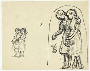 Deux petites filles dispersant des fleurs. Deux esquisses sur la même feuille
