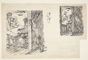 Deux esquisses pour le prêtre Hans Madsen, suspendu par les pouces, écoutant les conseils de l