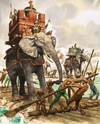 Hannibal et ses éléphants traversant une rivière sur un radeau