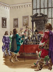 Le roi Charles I arrive à la Chambre des communes pour arrêter les cinq membres du Parlement