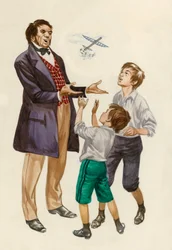 Les frères Wright enfants, recevant un avion jouet de leur père