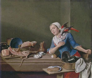 Nature morte de cuisine avec personnage féminin et perroquet (Le sentiment)
Alternative title(s) :

Le sentiment