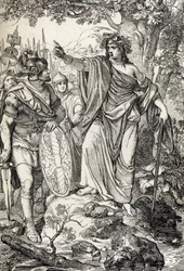 Campagnes de Germanicus : « Nero Claudius Drusus Germanicus (38-9 av. J.-C.) et son armée rencontrent une jeune femme dans les régions entre les rivières Weser et Elbe, vers 12 av. J.-C. »
