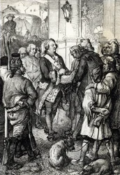 Révolution française : le roi Louis XVI reçoit du maire de Paris Jean-Sylvain Bailly la cocarde tricolore