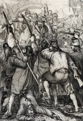 Révolution française : la populace armée et furieuse entre par le pont-levis et massacre la garnison et le gouverneur lors de la prise de la Bastille