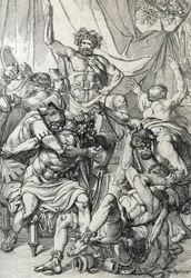 Heptarchie : représentation du chef anglo-saxon Hengist (Ve siècle) tuant ses ennemis pour fonder le royaume de Kent, vers 461 (Heptarchie saxonne : le chef anglo-saxon Hengist (ou Hengest) tuant ses ennemis lors de l