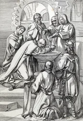Représentation de Saint Augustin de Cantorbéry (mort en 604), envoyé en Angleterre par le pape Grégoire le Grand en 596 pour convertir les Anglo-Saxons - Il est ici devant Ethelbert, roi anglo-saxon du Kent (552? -616) qu