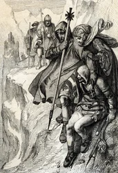 Le roi des Romains Henri IV passant le col du Mont-Cenis pour traverser les Alpes et se rendre chez la comtesse Mathilde de Toscane à Canossa où se trouve le pape Grégoire VII, janvier 1077