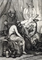 La mort du roi des Huns Attila (395-453) pendant son sommeil la nuit de son mariage avec la germaine Ildico, 453