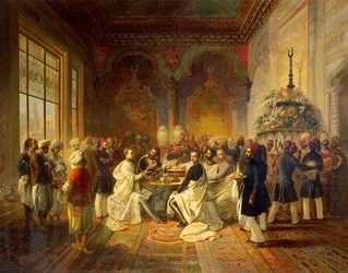 Déjeuner offert à Smyrne par Halim Pacha, illustration du voyage de Maximilien de Habsbourg et de son frère Charles Louis en Méditerranée, par Peter Johann Nepomuk Geiger