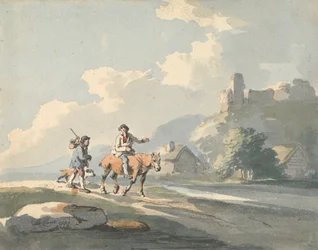 Composition : deux voyageurs et un chien sur une route passant devant des cottages, avec des ruines sur une colline