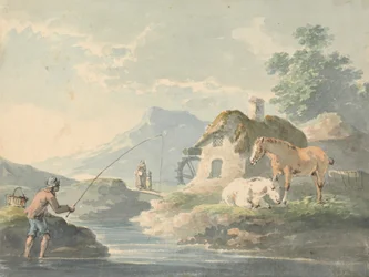 Scène rustique : homme pêchant, à gauche ; cottage avec moulin à eau et chevaux à droite
