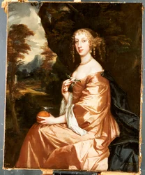 Portrait de Lady Penelope Nicholas, tenant une orange dans un paysage