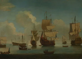 Navires de guerre anglais au mouillage, voiles séchant, début du XVIIIe siècle