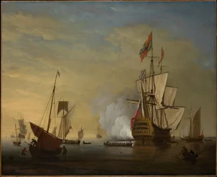 Scène portuaire : un navire anglais aux voiles déployées tire un coup de canon