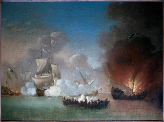 Bataille navale entre un navire de guerre portugais et des galères pirates épineuses, vers 1685