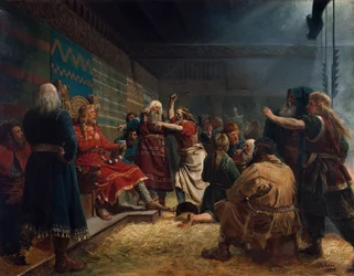 Haakon le Bon et des paysans au sacrifice de la cage