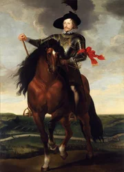 Ladislas IV Vasa (1595-1648) - Portrait équestre du prince héritier Wladyslaw Vasa avec la bataille de Khotyn (Hotin) (1621) en arrière-plan par Rubens, Peter Paul
