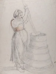 Une paysanne barattant du beurre