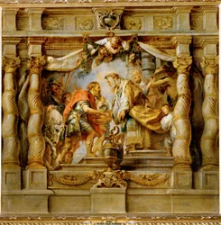 Abrahan offre la dîme au prêtre-roi Melchizédek de Salem (peinture sur bois)