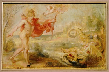 Apollon et le serpent python (peinture sur bois)