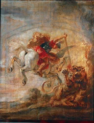 Bellérophon, monté sur Pégase, combat la Chimère (huile sur toile)