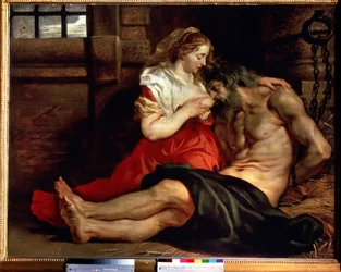 La charité romaine. Une femme allaite un homme en prison et enchaîné. Cimon, condamné à mourir de faim en prison, se nourrit du sein de sa fille Péro. Peinture de Pierre Paul (Pierre-Paul) Rubens (ou Peter Paul ou Petrus Paulus) (1577-1640).