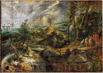 Paysage dans un orage avec Philémon et Baucis, Jupiter et Mercure, vers 1620 (huile sur bois)