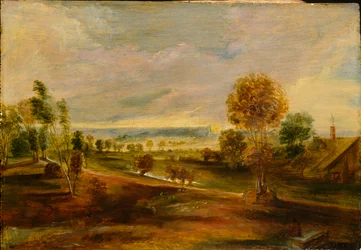 Paysage avec bâtiments de ferme au coucher du soleil