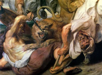 Chasse au lion, détail de deux hommes et un lion, 1621