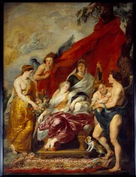 Louis XIII est né à Fontainebleau le 27 septembre 1601. Sa mère Marie de Médicis est assise sur le trône et regarde le nouveau-né