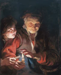 Vieille femme et garçon avec des bougies