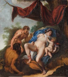 Vénus endormie avec Cupidon observé par des satyres