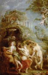 La fête de Vénus Verticordia (Détail de peinture : scène bachique avec nymphes et satyres)