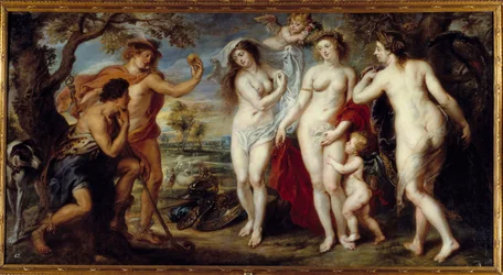 Le Jugement de Pâris. Le berger Pâris doit choisir à laquelle des trois déesses, Athéna, Aphrodite ou Héra, il donnera la pomme d