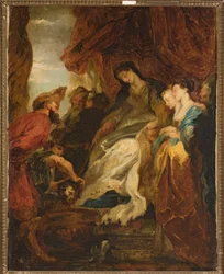 Tomyris ordonnant que la tête de Cyrus soit plongée dans un bassin de sang (Hérodote, Histoires, I, 214)