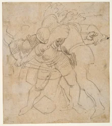 Deux soldats en armure combattant (r); un chien (v)