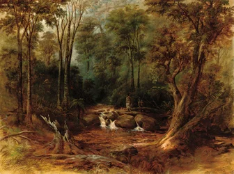 Maoris traversant un ruisseau forestier, 1887