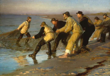 Pêcheurs tirant des filets sur la plage de Skagen