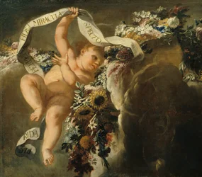 Putto avec guirlande de fleurs et banderole